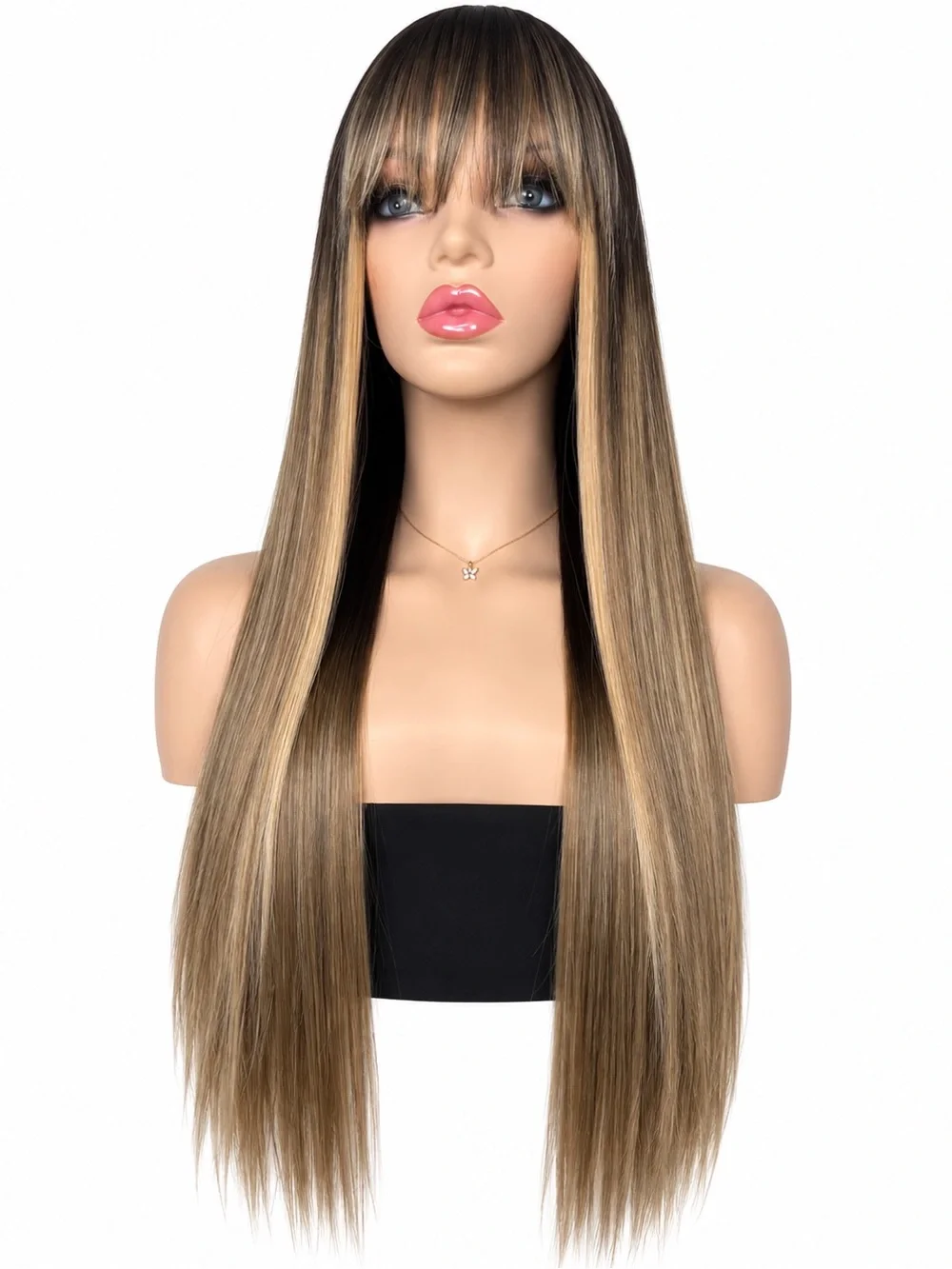 Long Straight Blonde Highlighted Wig with Blunt Fringe